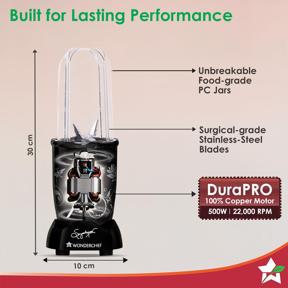 Wonderchef Nutri-blend 500W Mixer Grinder, 22000 RPM Motor, Smoothie Maker,